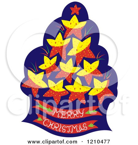 Cartoon of a Tree with Stars and a Merry Christmas Base - Royalty Free Vector Clipart by Cherie Reve