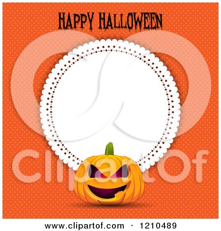 Clipart of a Jackolantern Pumpkin Happy Halloween Text and a Doily Frame over Orange Dots - Royalty Free Vector Illustration by KJ Pargeter