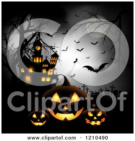 Clipart of a Halloween Haunted House with Bats a Full Moon and Jackolantern Pumpkins in a Cemetery - Royalty Free Vector Illustration by KJ Pargeter