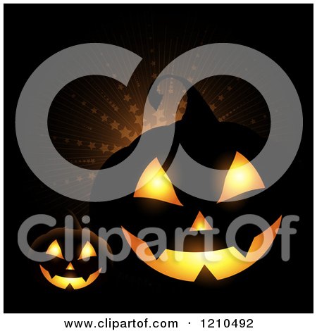 Clipart of Illuminated Halloween Jackolantern Pumpkins over a Star Burst on Black - Royalty Free Vector Illustration by KJ Pargeter