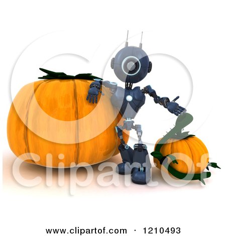 Clipart of a 3d Blue Android Robot with Halloween Pumpkins - Royalty Free CGI Illustration by KJ Pargeter