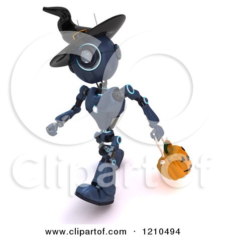 Clipart of a 3d Blue Android Robot Trick or Treating on Halloween As a Witch - Royalty Free CGI Illustration by KJ Pargeter