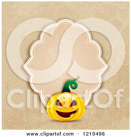 Clipart of a Halloween Jackolantern Pumpkin with a Vintage Distressed Frame over Beige Dots - Royalty Free Vector Illustration by KJ Pargeter