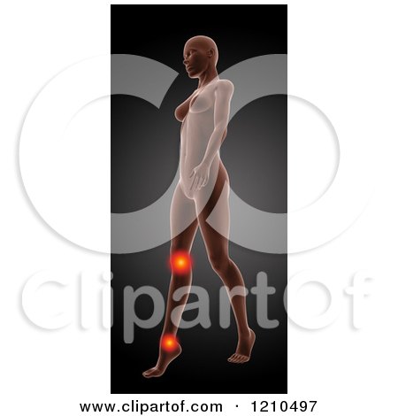 Clipart of a 3d Walking Female Medical Model with Glowing Knee and Ankle Pain on Gradient Black - Royalty Free CGI Illustration by KJ Pargeter