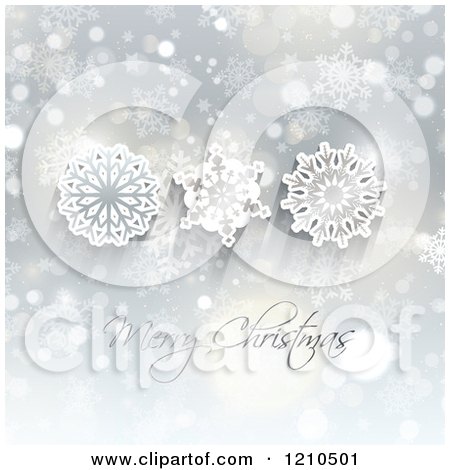 Clipart of a Merry Christmas Greeting with Snowflakes and Bokeh Lights - Royalty Free Vector Illustration by KJ Pargeter