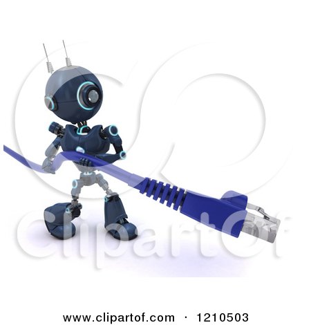 Clipart of a 3d Blue Android Robot Carrying a RJ45 Data Computer Cable - Royalty Free CGI Illustration by KJ Pargeter