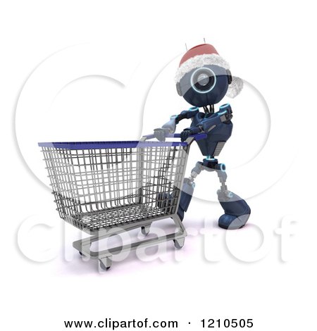 Clipart of a 3d Blue Android Robot Wearing a Santa Hat and Pushing a Shopping Cart - Royalty Free CGI Illustration by KJ Pargeter