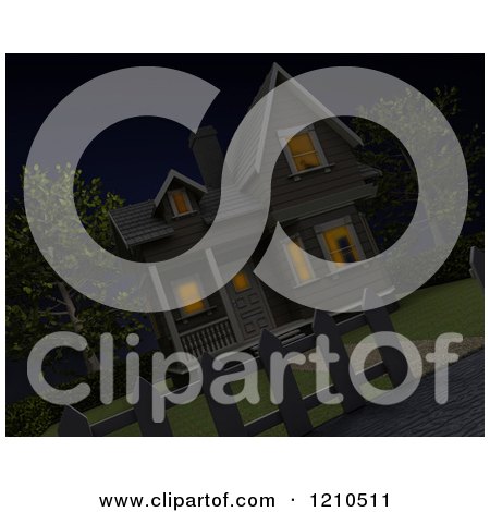 Clipart of a Tilted Angle of a Timber House and Yard at Night - Royalty Free CGI Illustration by KJ Pargeter