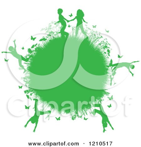 Clipart of a Green Silhouetted Grassy Globe with Happy Children and Spring Butterflies - Royalty Free Vector Illustration by KJ Pargeter