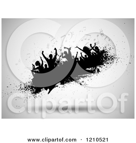 Clipart of a Silhouetted Crowd Dancing with Music Notes on a Grunge Blob over Gray - Royalty Free Vector Illustration by KJ Pargeter