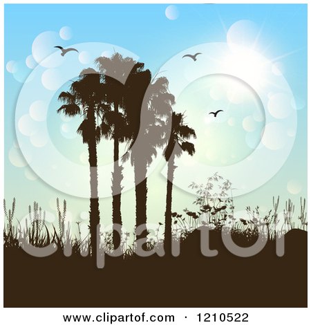 Clipart of Brown Silhouetted Hills and Palm Trees with Birds Against a Flare Sky - Royalty Free Vector Illustration by KJ Pargeter