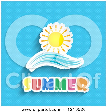 Clipart of a Sun and Wave over Summer Text on Blue Dots - Royalty Free Vector Illustration by KJ Pargeter