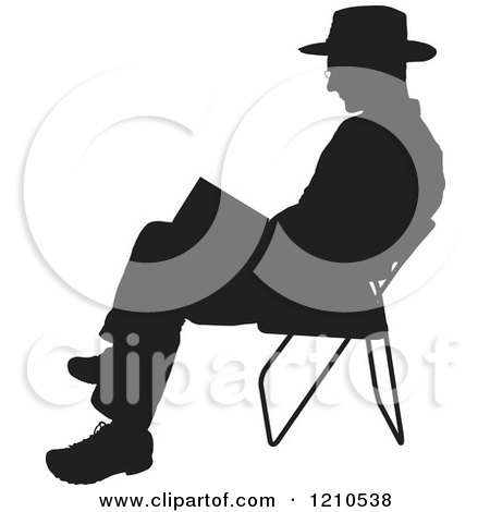 Clipart of a Black Silhouetted Man Reading in a Folding Chair - Royalty Free Vector Illustration by Maria Bell