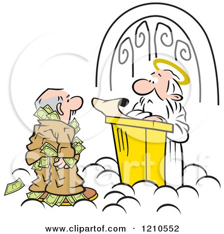Cartoon of a Man Trying to Take Money Through Heavens Gates - Royalty Free Vector Clipart by Johnny Sajem