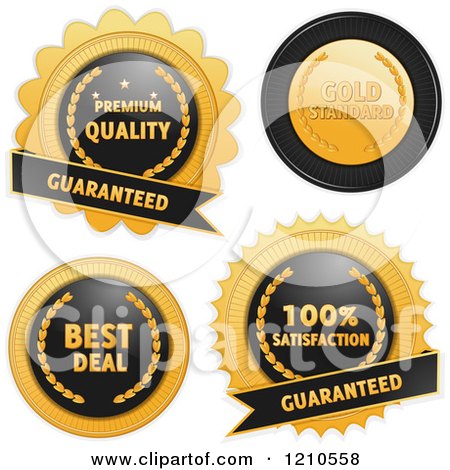 Clipart of Black and Gold Quality Badges on White - Royalty Free Vector Illustration by elaineitalia