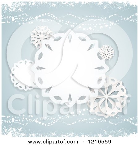 Clipart of Paper Snowflakes over Pastel Blue and Waves - Royalty Free Vector Illustration by elaineitalia