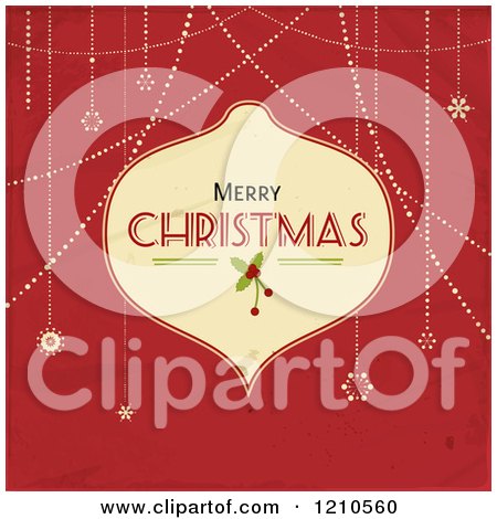 Clipart of a Merry Christmas Bauble Frame with Suspended Snowflakes on Red Grunge - Royalty Free Vector Illustration by elaineitalia