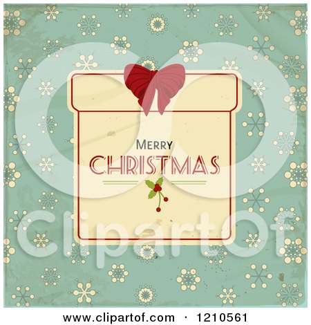 Clipart of a Merry Christmas Gift Box Frame and Snowflakes over Distressed Turquoise - Royalty Free Vector Illustration by elaineitalia