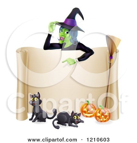 Cartoon of a Witch Pointing down to a Scroll Sign with Black Cats Halloween Pumpkins and a Broomstick - Royalty Free Vector Clipart by AtStockIllustration