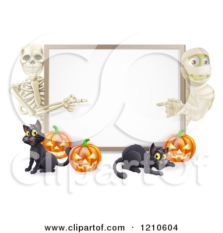 Cartoon of a Happy Skeleton Mummy Pumpkins and Black Cat Around a Blank Sign - Royalty Free Vector Clipart by AtStockIllustration