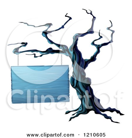 Clipart of a Spooky Dead Tree and Blank Wooden Halloween Sign - Royalty Free Vector Illustration by AtStockIllustration