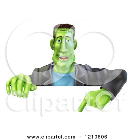 Cartoon of a Happy Frankenstein Pointing down to a Sign - Royalty Free Vector Clipart by AtStockIllustration