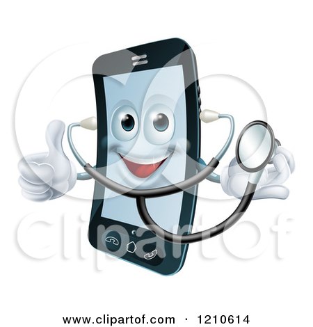 Cartoon of a Happy Cell Phone Wearing a Stethoscope and Holding a Thumb up - Royalty Free Vector Clipart by AtStockIllustration