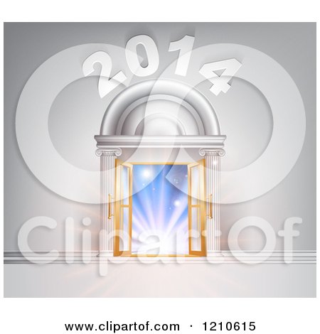 Clipart of 2014 over Open French Doors in a Marble Doorway with Blue Light - Royalty Free Vector Illustration by AtStockIllustration