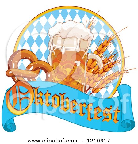 Cartoon of a Beer Mug with Grains and Soft Pretzels over an Oktoberfest Banner and Diamonds - Royalty Free Vector Clipart by Pushkin