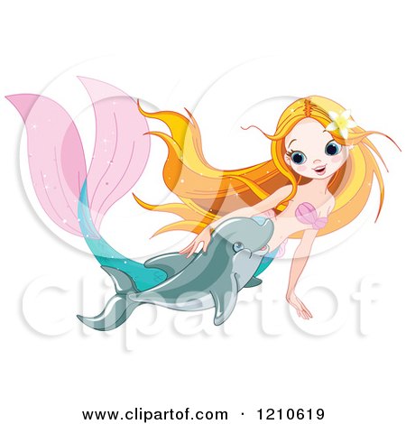 Cartoon of a Pretty Mermaid Petting and Swimming with a Dolphin - Royalty Free Vector Clipart by Pushkin