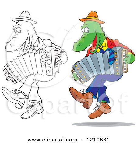 Cartoon Clipart Of Outlined and Colored Alligators Dancing and Playing Accordions - Royalty Free Vector Illustration by Alex Bannykh