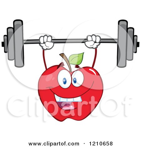 Cartoon of a Strong Red Apple Mascot Lifting a Barbell - Royalty Free Vector Clipart by Hit Toon