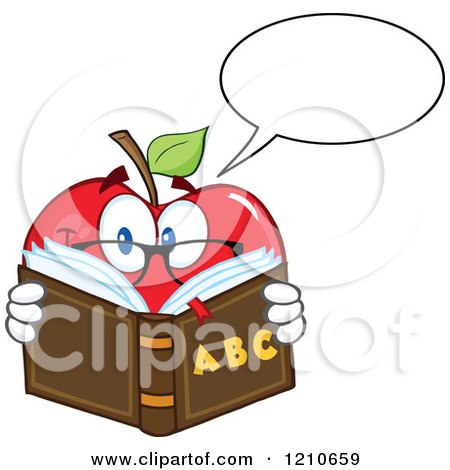 Cartoon of a Talking Red Apple Mascot with Glasses, Reading an Alphabet Book - Royalty Free Vector Clipart by Hit Toon