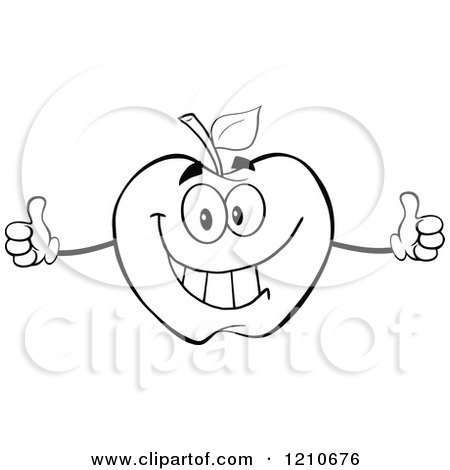 Cartoon of a Happy Black and White Apple Mascot Holding Two Thumbs up - Royalty Free Vector Clipart by Hit Toon