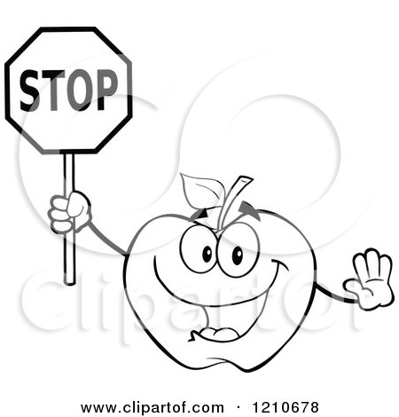 Cartoon of a Black and White Apple Mascot Holding a Stop Sign - Royalty Free Vector Clipart by Hit Toon