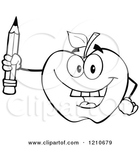 Cartoon of a Black and White Apple Mascot Holding up a Pencil - Royalty Free Vector Clipart by Hit Toon