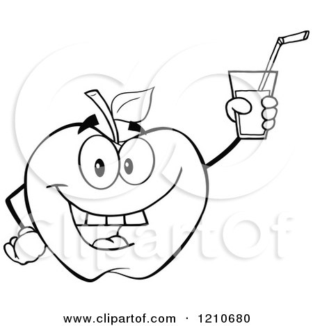 Cartoon of a Black and White Apple Mascot Holding up Juice - Royalty Free Vector Clipart by Hit Toon