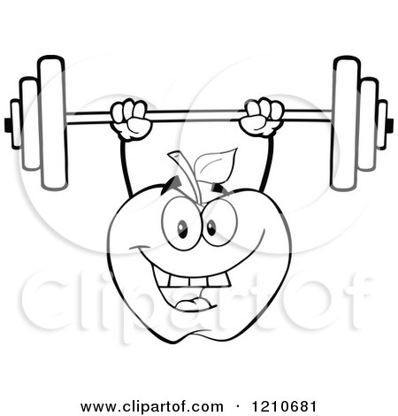 Cartoon of a Strong Black and White Apple Mascot Lifting a Barbell - Royalty Free Vector Clipart by Hit Toon