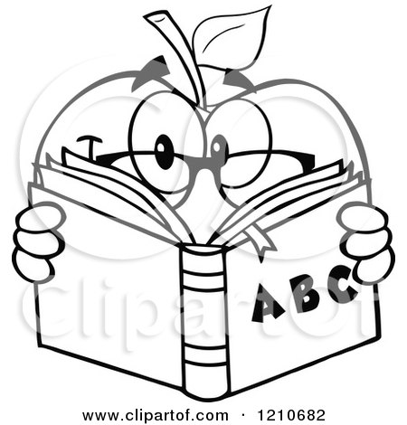 Cartoon of a Black and White Apple Mascot with Glasses, Reading an Alphabet Book - Royalty Free Vector Clipart by Hit Toon