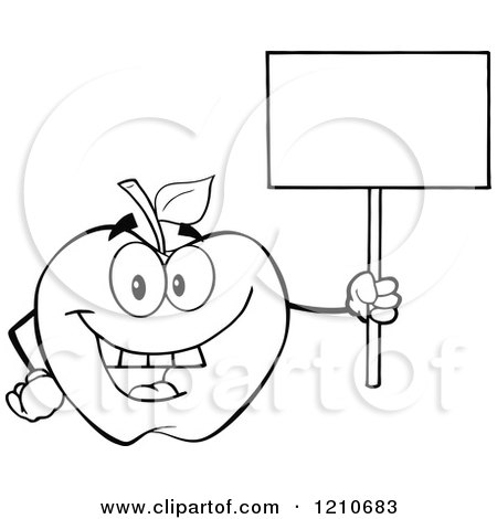 Cartoon of a Black and White Apple Mascot Holding a Sign 2 - Royalty Free Vector Clipart by Hit Toon