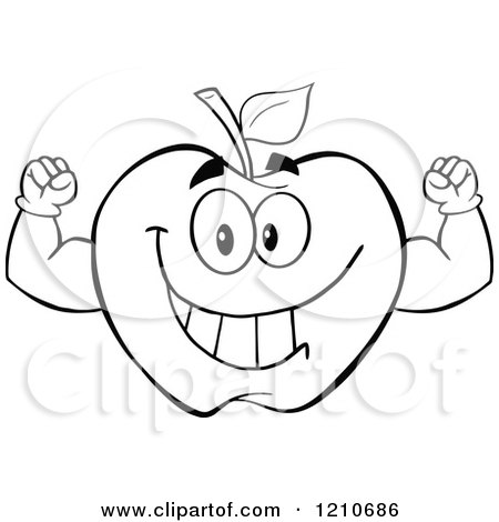Cartoon of a Strong Black and White Apple Mascot Flexing - Royalty Free Vector Clipart by Hit Toon