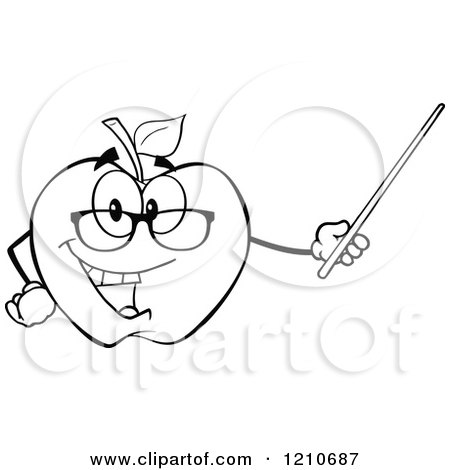 Cartoon of a Black and White Apple Teacher Mascot Wearing Glasses, Holding a Pointer Stick - Royalty Free Vector Clipart by Hit Toon