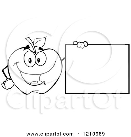 Cartoon of a Black and White Apple Mascot Holding a Sign - Royalty Free Vector Clipart by Hit Toon