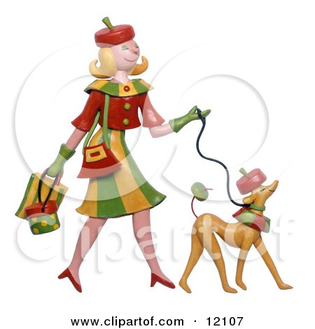 Clay sculpture of woman and dog dressed alike walking Clipart Picture by Amy Vangsgard