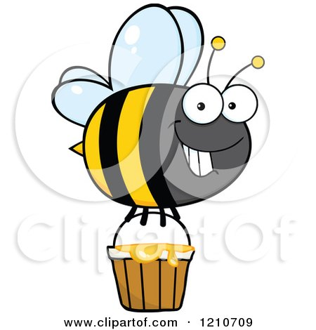 Cartoon of a Happy Bumble Bee Flying with Honey - Royalty Free Vector Clipart by Hit Toon
