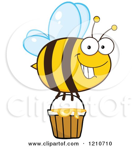 Cartoon of a Happy Bee Flying with Honey - Royalty Free Vector Clipart by Hit Toon