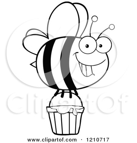 Cartoon of a Black and White Happy Bee Flying with Honey - Royalty Free Vector Clipart by Hit Toon