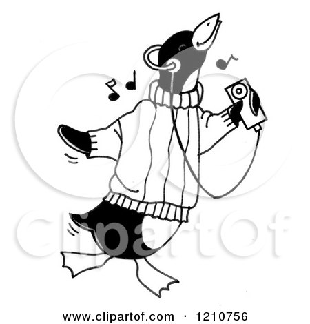 Clipart Of A Sketched Black And White Penguin Listening to Music on an MP3 Player - Royalty Free Illustration by LoopyLand