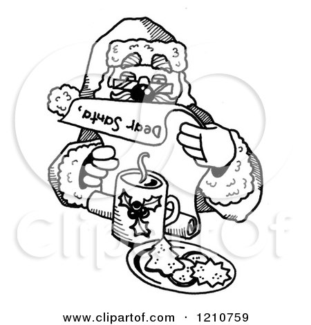 Clipart Of A Sketched Black And White Santa Reading a Letter - Royalty Free Illustration by LoopyLand
