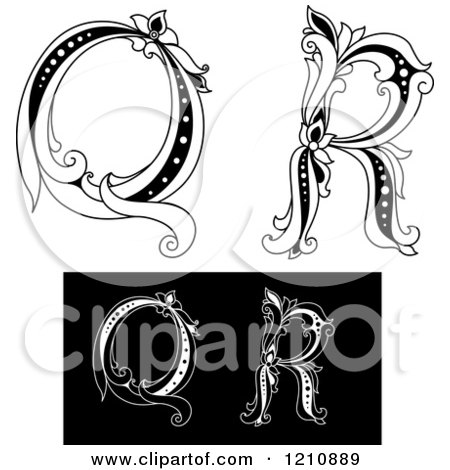 Clipart of a Black and White Vintage Floral Letter Q and R - Royalty Free Vector Illustration by Vector Tradition SM